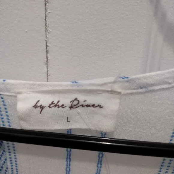 By The River Embroidered Stripe Dress Size Large Blue White Floral Boho Midi - Picture 10 of 11